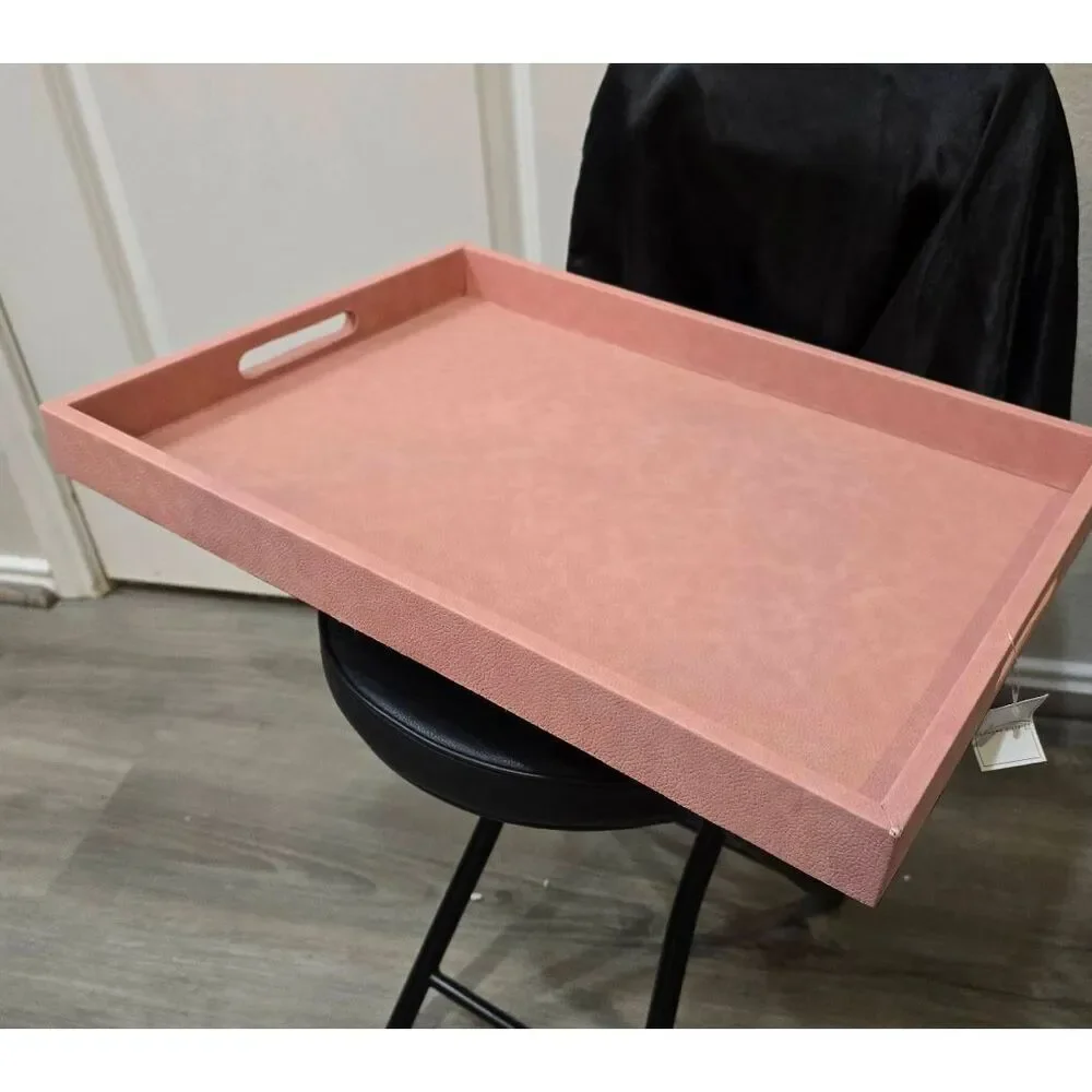 Home District Contemporary Pink Faux Leather Vanity Tray w/Handle